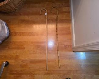 Two Wood and Bamboo Crook Handle Walking Canes