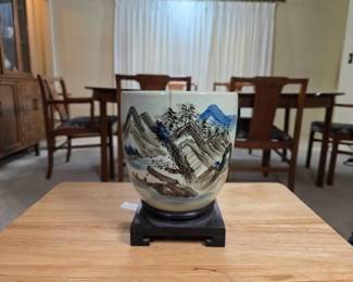 Ceramic Landscape Vessel on Wooden Stand