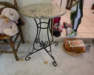 Side Table w/ Granite Top and Wrought Iron Base