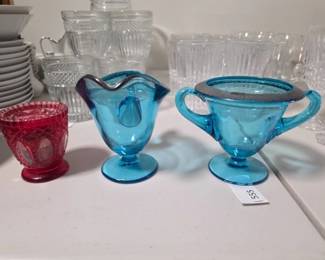 Ruby Red Pressed Glass and Blue Silver Overlay