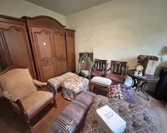 Large armoire, rocking chair, ottoman, bench, furniture