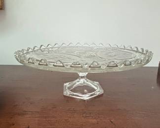 Vintage Pressed Glass Cake Stand with Scalloped Edge and Hexagonal Pedestal