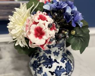 Blue and White Chinoiserie Ginger Jar Vase with Faux Floral Arrangement