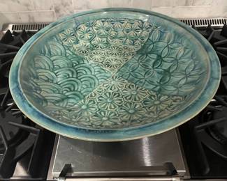 Large Ceramic Serving Bowl with Embossed Geometric and Floral Patterns