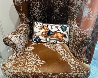 Cowhide Wingback Armchair with Decorative Pillow