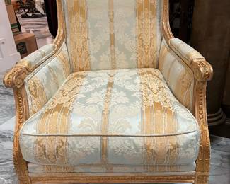 Louis XVI Style Giltwood Bergère Armchair with Damask Upholstery