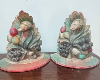 Vintage Carved Wooden Fruit and Leaf Bookends