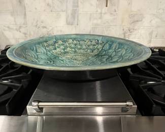 Large Ceramic Serving Bowl with Embossed Geometric and Floral Patterns