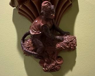 Vintage Ceramic Monkey Wall Shelf - Palm Beach Regency Style