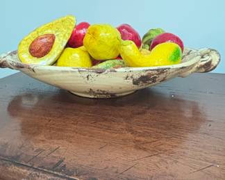 Vintage Ceramic Fruit Bowl with Assorted Faux Fruit, possibly Italian Majolica or Capodimonte style