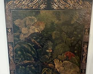 Vintage Black Lacquer Panel with Hand-Painted Tropical Birds