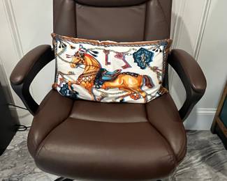 Brown Faux Leather Executive Office Chair with Equestrian Print Pillow