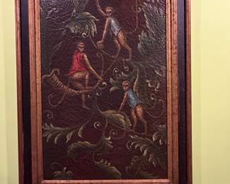 Maitland Smith Hand Painted Monkey Landscape Crackled Panel