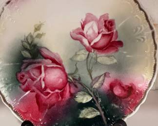 Antique Hand-Painted Porcelain Plate with Roses, likely Limoges or Bavaria