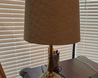 Vintage Brass Stiffel Table Lamp with Decorative Base and Fabric Shade
