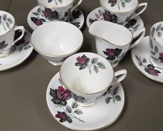 Lot #70 - Mid Century Royal Albert "Masquerade" Bone China Black Rose Tea Set For 5