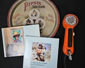 Lot #174 - Antique Pepsin Tutti-Frutti Metal Advertising Tray, Bell System Lineman's Orange Rotary Handset, Western Art Books