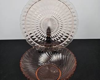 Lot #80 - Vintage 1980s Arcoroc Rosaline Pink Swirl Scalloped Serving Bowl & 1930s Jeannette Windsor Pink Torte Plate