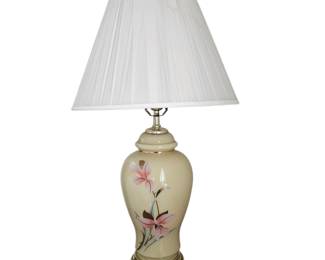 Lot #136 - Vintage Ceramic Ginger Jar Table Lamp with Hand Painted Floral Design and White Shade