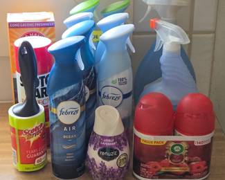 Lot #159 - Febreze Air & Fabric Refreshers, Renuzit Lavender Air Freshener, Air Wick Spray Refills, and More Cleaning Supplies