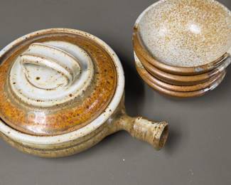 Lot #64 - Vintage Kosmicki Ovenware Pottery Casserole Dish with Lid and Bowls - Handmade Speckled Ceramic Cookware Set