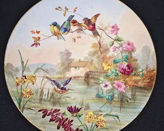 Lot #77 - Antique Hand-Painted Porcelain Charger Plate with Birds & Floral Scene