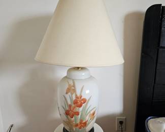 Lot #147 - Hand-Painted Ginger Jar Table Lamp with Floral Design on Black Wood Base