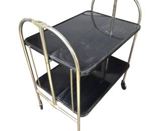 Lot #108 - Vintage Mid Century Black Metal Bar Cart with Foldable Design and Brass Frame