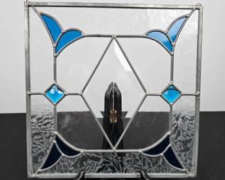 Lot #87 - Vintage Stained Glass Panel with Blue Accents and Etched Nature Scene - Decorative Window Art