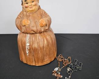 Lot #181 - Vintage Hand-Painted Friar Tuck Monk Cookie Jar with Two Wooden Rosary Beads Cross Necklaces
