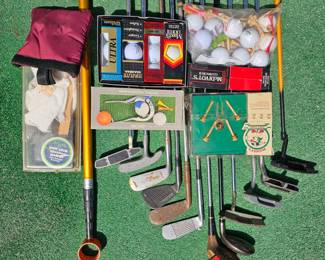 Lot #191 - Vintage Golf Club Set with McDivot's Clubscrub, Wilson Ultra Balls, Titleist, Maxfli & Top Flite Golf Balls and Monogrammer