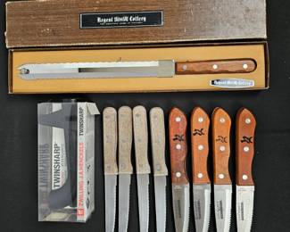 Lot #59 - Lot of Gourmet Traditions Stainless Steel Steak Knives with Wooden Handles + Regent Inox Bread Knife & Zwilling J.A. Henckels Twinsharp Knife Sharpener