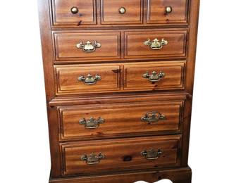 Lot #138 - Classic Wooden Highboy Chest Dresser with Brass Hardware - Solid Wood Storage Cabinet