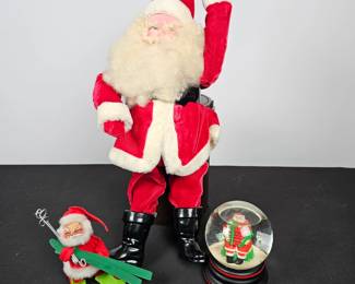 Lot #120 - Vintage Annalee Mobilitee Doll Ski Santa with Large Santa & Dept 56 Santa Accordion Water Globe