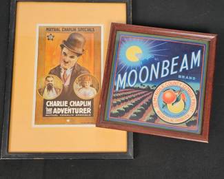 Lot #88 - Antique 1917 Charlie Chaplin The Adventurer Movie Poster & Moonbeam Citrus Fruit Crate Label Circa 1930s