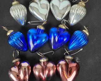 Lot #114 - Vintage Glass Heart & Teardrop Christmas Ornaments - Silver, Blue & Pink - Retro Holiday Decor