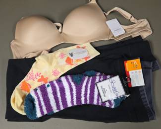 Lot #11 - NEW Auden Nude Wireless Bra 36B, Champion Black Leggings M, 'Kids Wish' Socks & Super Soft Purple Striped Socks Lot