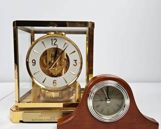 Lot #50 - Vintage Jaeger-LeCoultre Atmos Brass Mantel Clock & Michael C. Fina Wooden Quartz Mantle Clock Set