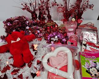 Lot #23 - Valentine's Day Holiday Decoration Lot with Flocked Heart Wreaths, Red Devil Plush, and Minnie Mouse Valentines
