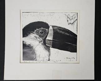 Lot #168 - Signed Tom Trujillo Black and White Toucan Bird Art Print - Vintage Woodcut Style Etching