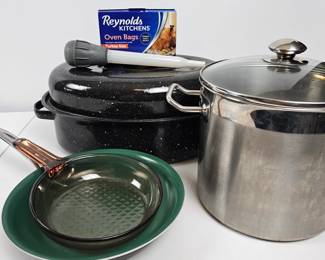 Lot #45 - Corning Vision & OrGreenic Frying Pans Plus Stainless Steel Pot & Enamel Roaster