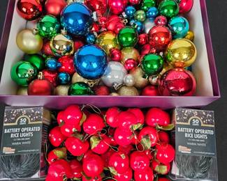Lot #118 - Holiday Bright Lights Battery Operated Rice Lights & Vintage Glass Christmas Ornaments Lot