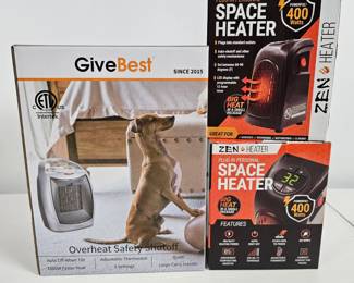 Lot #28 - Two NEW Zen 400W Plug-In Personal Space Heaters + GiveBest 1500W Overheat Safety Shutoff Heater Bundle