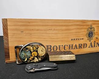 Lot #180 - Vintage Wooden Wine Crate, Gerber Folding Knife, Brass/Wood Trinket Box with Star Pattern, Steampunk Belt Buckle