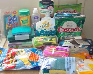 Lot #158 - Dish Washing Lot - Dishwasher Detergent, Dish Soap, Lemi Shine Cleaner, Scrub Sponges & Gloves