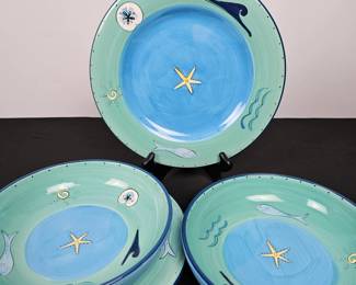 Lot #82 - K.I.C Hand Painted "Brushes" Ceramic Dinnerware Set - Coastal Starfish & Fish Design, Bowls & Plates