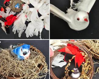 Lot #116 - Vintage Feathered Bird Ornaments and Rustic Wreath/Nest Lot - Handmade Holiday and Home Decor