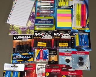 Lot #97 - Mixed Office & Craft Supplies Lot - Batteries, Tina Givens Garden Collage Perpetual Calendar, ArtSkills Glitter Shakers, Highlighters, and Notepads