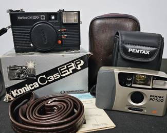 Lot #175 - Vintage Konica C35 EFP Film Camera with Flash, Pentax PC-550 35mm Compact Camera & Kodak Pocket Tote Case