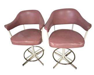 Lot #101 - Mid-Century Pink Vinyl and Metal Swivel Bar Stools - Set of 2